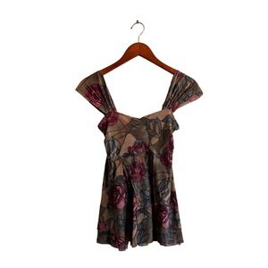 Sweet Pea Floral Print Square Neck Flutter Sleeve top Women's Size S